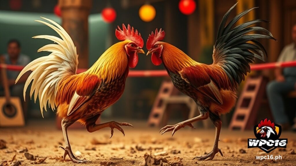 two chicken facing each other in cockfighting arena